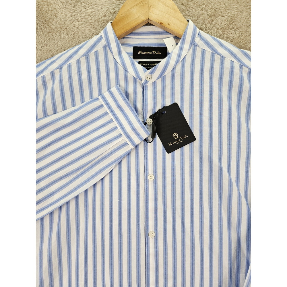 NWT Massimo Dutti Henley Shirt Finest Fabric Shirt Linen Cotton Blue White Strip
